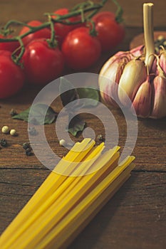 Italian food cooking ingredients. Pasta, vegetables, spices