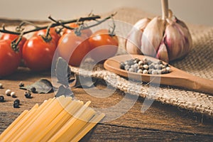 Italian food cooking ingredients. Pasta, vegetables, spices