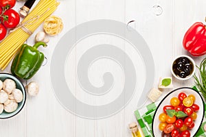 Italian food cooking ingredients. Pasta, vegetables, spices