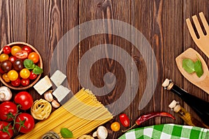 Italian food cooking ingredients. Pasta, vegetables, spices