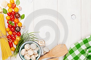 Italian food cooking ingredients. Pasta, vegetables, spices