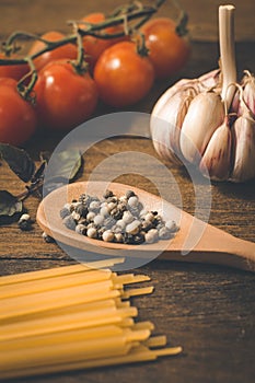 Italian food cooking ingredients. Pasta, vegetables, spices