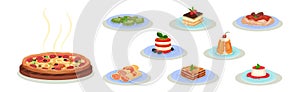 Italian Food and Dish Served on Plates Vector Set