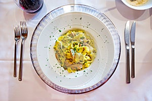 Italian food, firsh course dish, fresh homemade pasta tagliatelle with porcini mushrooms, Parma, Emilia Romagna, Italy