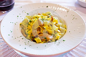 Italian food, firsh course dish, fresh homemade pasta tagliatelle with porcini mushrooms, Parma, Emilia Romagna, Italy