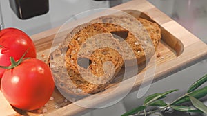 Italian food gastronomy hard ring of bread from Puglia regional product called Friselle or Bruschetta or Pane e Pomodoro