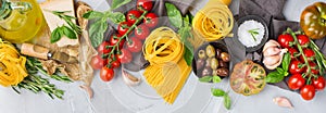 Italian food ingredients with pasta, tomatoes, cheese, olive oil, basil