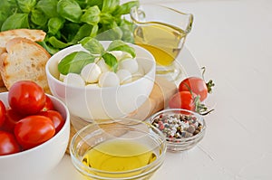 Italian food ingredients â€“ mozzarella, tomatoes, basil and olive oil