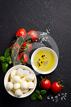 Italian food ingredients â€“ mozzarella, tomatoes, basil and olive oil on black background.