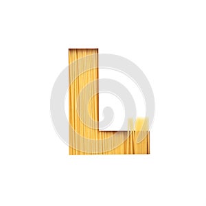 Italian Food. Letter L of English alphabet made of spaghetti isolated on white. Pasta Typeface for products store design