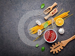 Italian food and menu concept. Spaghetti with ingredients sweet
