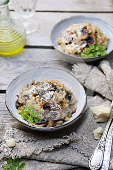 Italian food. Mushroom risotto, olive oil and grated parmesan cheese gressing, two portions