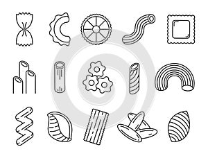 Italian food, pasta product shape types line icons. Outline spaghetti, ravioli, macaroni, penne and farfalle. Pasta form