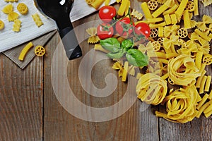 Italian food - pasta, wine, tomato, basil