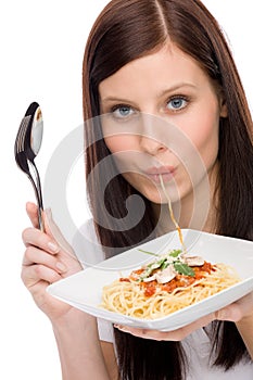 Italian food - portrait woman eat spaghetti sauce