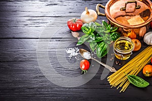 Italian food preparation pasta on wooden board