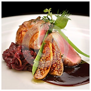 Italian food recipes, roast pork with red onions sause and dried fig