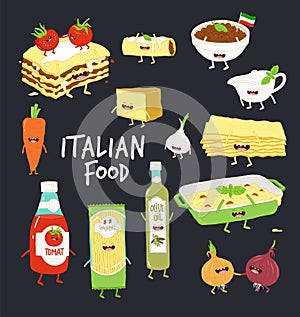 Italian food set. Lasagna and flavouring. Black background. Vector graphics