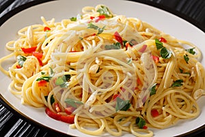 Italian food spaghetti Aglio e Olio with fried garlic, parsley and hot pepper close-up in a plate. horizontal