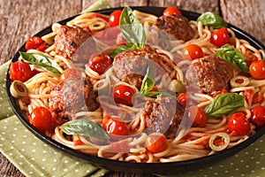 Italian food: spaghetti with meatballs and tomato sauce closeup