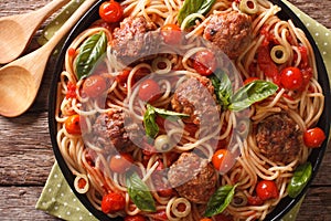 Italian food: spaghetti with meatballs and tomato sauce closeup