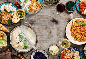 Italian food table, snacks and wine with copy space