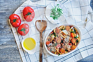 italian fusilli pasta with tomato and beef sauce