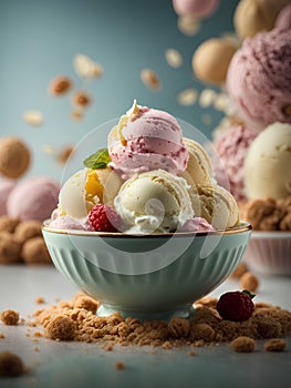 Italian gelato, floating delicious and refreshing dessert made with roasted pistachios, milk, sugar, and cream