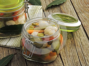 Giardiniera. Italian mix vegetables in vinegar