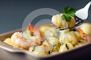Italian gnocchi pasta with prawns