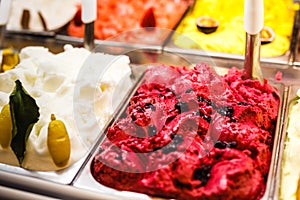 Italian gourmet gelatto ice cream display in shop