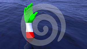 Italian hand reaching out of the ocean for help