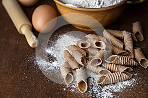 Italian handmade garganelli pasta from spelt flour