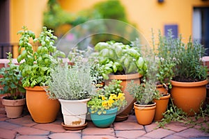 italian herb garden with basil, oregano, and thyme in pots