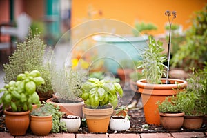 italian herb garden with basil, oregano, and thyme in pots
