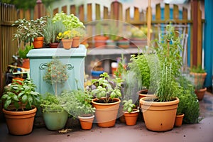 italian herb garden with basil, oregano, and thyme in pots