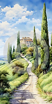 Italian Hillside: A Detailed Illustration Of Cypresses And Road