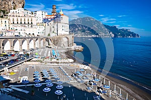 Italian holidays. View of the beautiful town of Atrani at famous Amalfi Coast with Gulf of Salerno