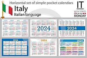 Italian horizontal set of pocket calendar for 2024. Week starts Monday