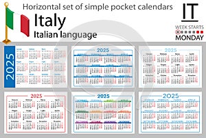 Italian horizontal set of pocket calendar for 2025. Week starts Monday