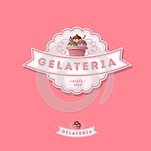 Italian ice cream logo. Pink sign. Emblem with ribbon and ice cream on a pink background.