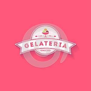 Italian ice cream logo Pink sign. Logo with ribbon for ice cream.