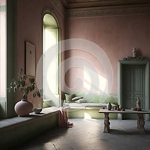 Italian interior design home with clay walls, futurist, vast, interior, atmospheric