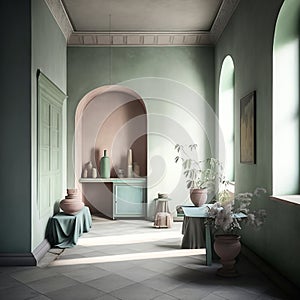 Italian interior design home with clay walls, futurist, vast, interior, atmospheric