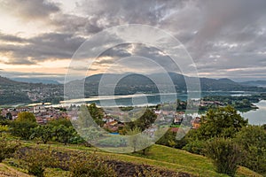 Italian lake at sunrise. Aerial view of lake Annone or lake Oggiono photo