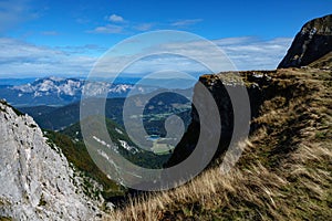 Italian Lakes of Fusine from above Mangart saddle in Slovenia in Autumn