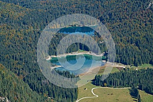 Italian Lakes of Fusine from above Mangart saddle in Slovenia in Autumn