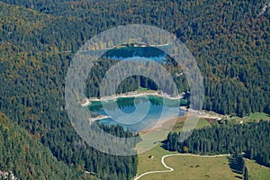 Italian Lakes of Fusine from above Mangart saddle in Slovenia in Autumn photo