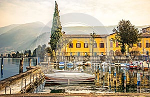 Italian lakeside village iseo dock boats