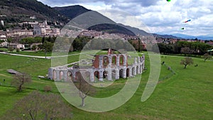 italian landmarks - impressive Gubbio town in Umbria. Aerial drone video